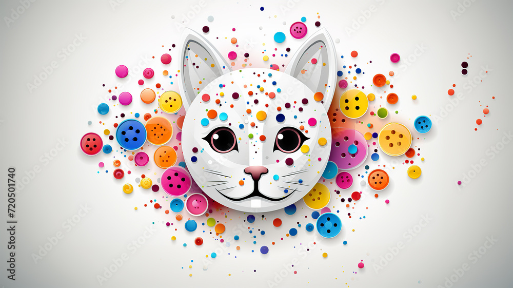 Colorful and creative illustration of a cat's face surrounded by a burst of colorful buttons, symbolizing playfulness and craft.AI generated. Colorful and creative illustration of a cat's face surrounded by a burst of colorful buttons, symbolizing playfulness and craft.AI generated.