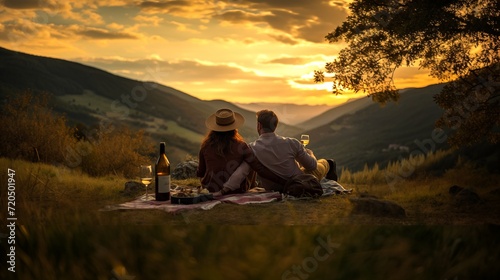 A closeup backview photo of couple having a picnic holding glasses of wine high in the mountain at beautiful dawn summer mountainous landscape