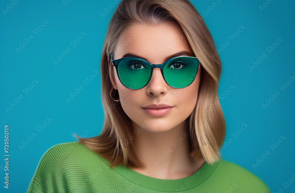 A young blonde woman with short hair, wearing a green jacket and green glasses. A young blonde woman with short hair, wearing a green jacket and green glasses.