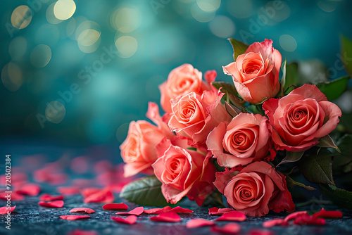 Rose Bouquet Wallpaper: Romantic Pink Roses with Dreamy Teal Bokeh - Perfect for Valentine's Elegance, Luxury Florist & Bespoke Love Celebrations - Ai Generated