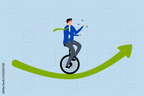 Investment risk, investment trader blinded and juggling knives on unicycle green bullish chart.