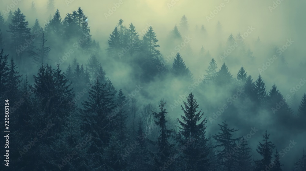 Winter Forest with Fir Trees  in Fog and Snow-Capped Mountains in the Background. Calm, cool