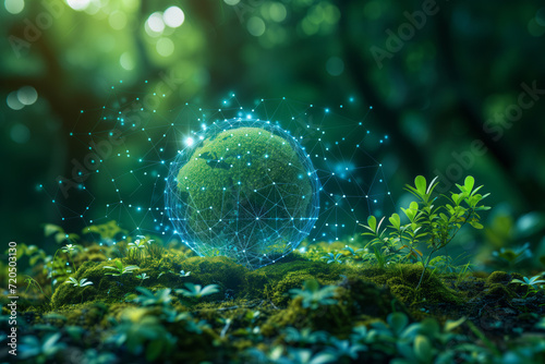 Blue hologram globe on the moss floor in the blurred natural forest background, Eco world, earth day and conservation Concept