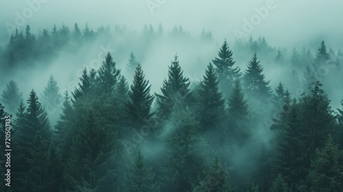 Winter Forest with Fir Trees  in Fog and Snow-Capped Mountains in the Background. Calm, cool © Littleforest Stocker