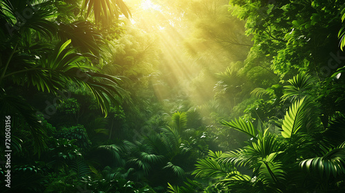 Tropical rain forest landscape with sun rays emerging though the green tree branches. © OHMAl2T