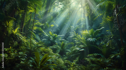 Tropical rain forest landscape with sun rays emerging though the green tree branches.