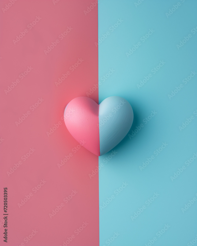 Half pink and half blue heart isolated on pink and blue background. Minimal valentine and women's day composition. 