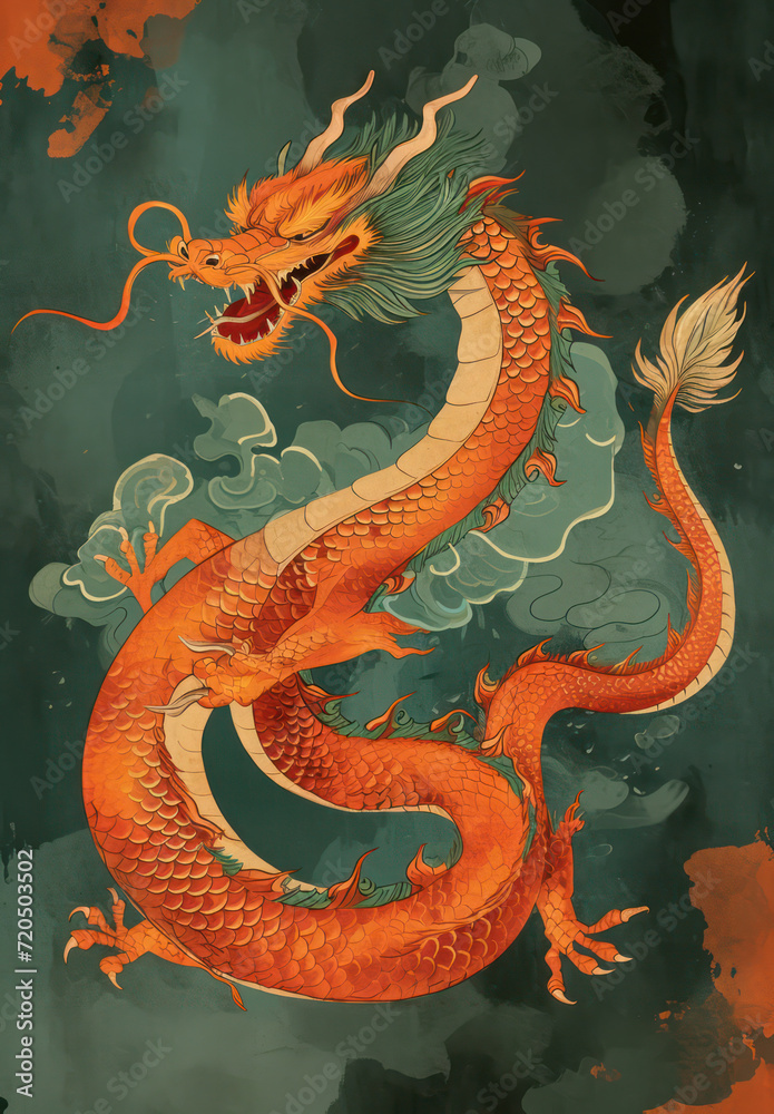 Obraz premium Dragon's Majesty: A Majestic Chinese Symbol of Power and Tradition on a Decorative Tattoo Art - An Ancient Mythical Creature in Gold and Blue on a Mythological Background