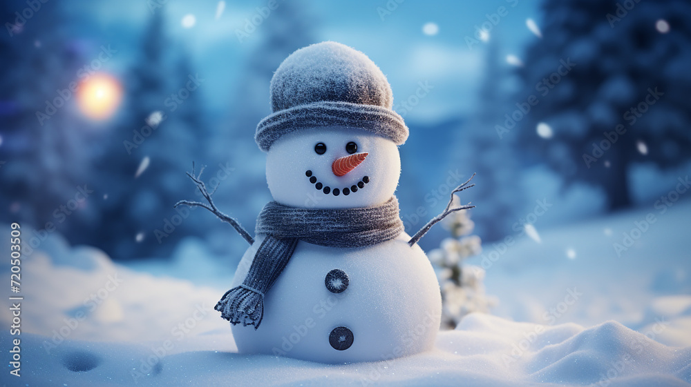 Snowman in the winter forest. Christmas and New Year background.
