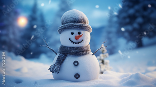 Snowman in the winter forest. Christmas and New Year background. © Rusiru Dilshan 