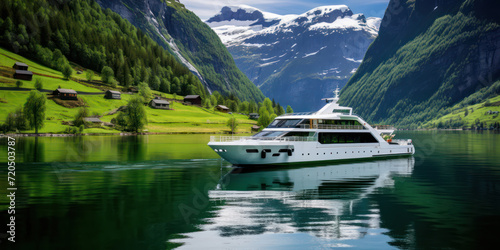 Journey to Tranquil Beauty: A Scenic Norwegian Fjord Cruise amidst Majestic Mountains and Serene Waters of Geirangerfjord