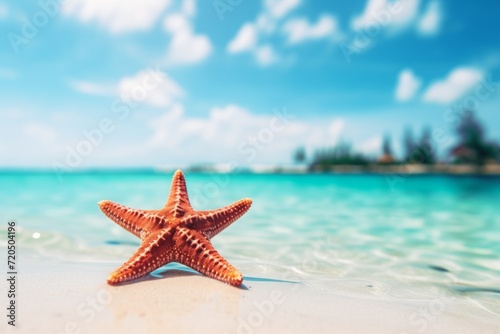 A starfish on the seashore on a blurred background of a bungalow in the Maldives. vacation at a tropical resort. summer calm nature without people.