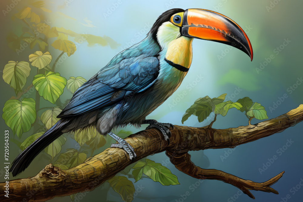 Fototapeta premium the toucan bird. A colorful illustration in the style of a hand-drawn drawing with vibrant swirling colors.