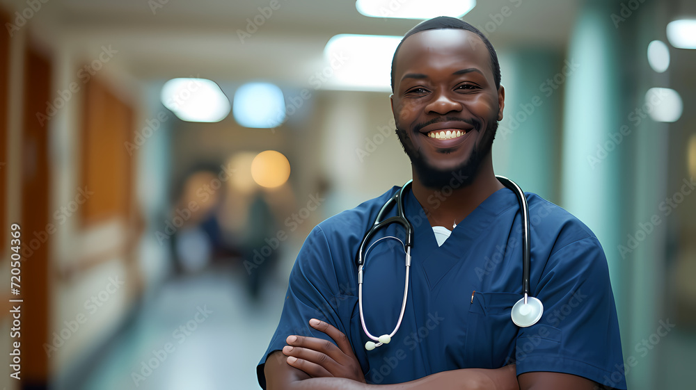 Happy Black Male Nurse Wearing Blue Scrubs in Hospital Setting in Clinic Happy Black Male Nurse Wearing Blue Scrubs in Hospital Setting in Clinic