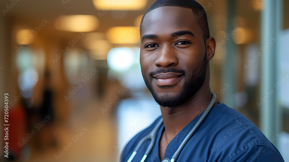 Black Male Nurse Smiling, Dressed in Blue Scrubs at Hospital Black Male Nurse Smiling, Dressed in Blue Scrubs at Hospital