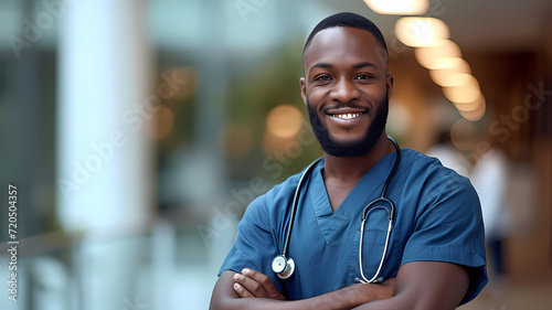 Happy Black Male Nurse Wearing Blue Scrubs in Hospital Setting in Clinic