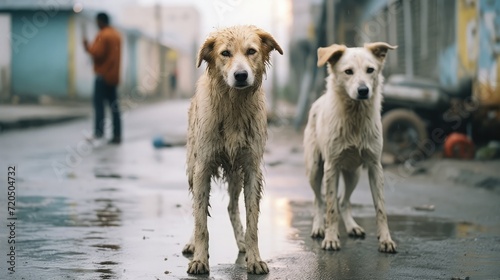 Sideview scruffy street dogs with 3 legs , full shot, Agfa Vista 200,