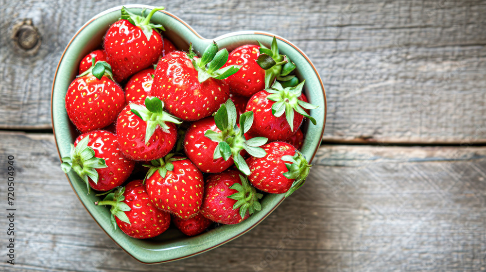 Heart-Shaped Bowl Filled with Strawberries.A wooden heart-shaped bowl overflowing with ripe, fresh strawberries on a rustic table surface, perfect for a healthy treat.