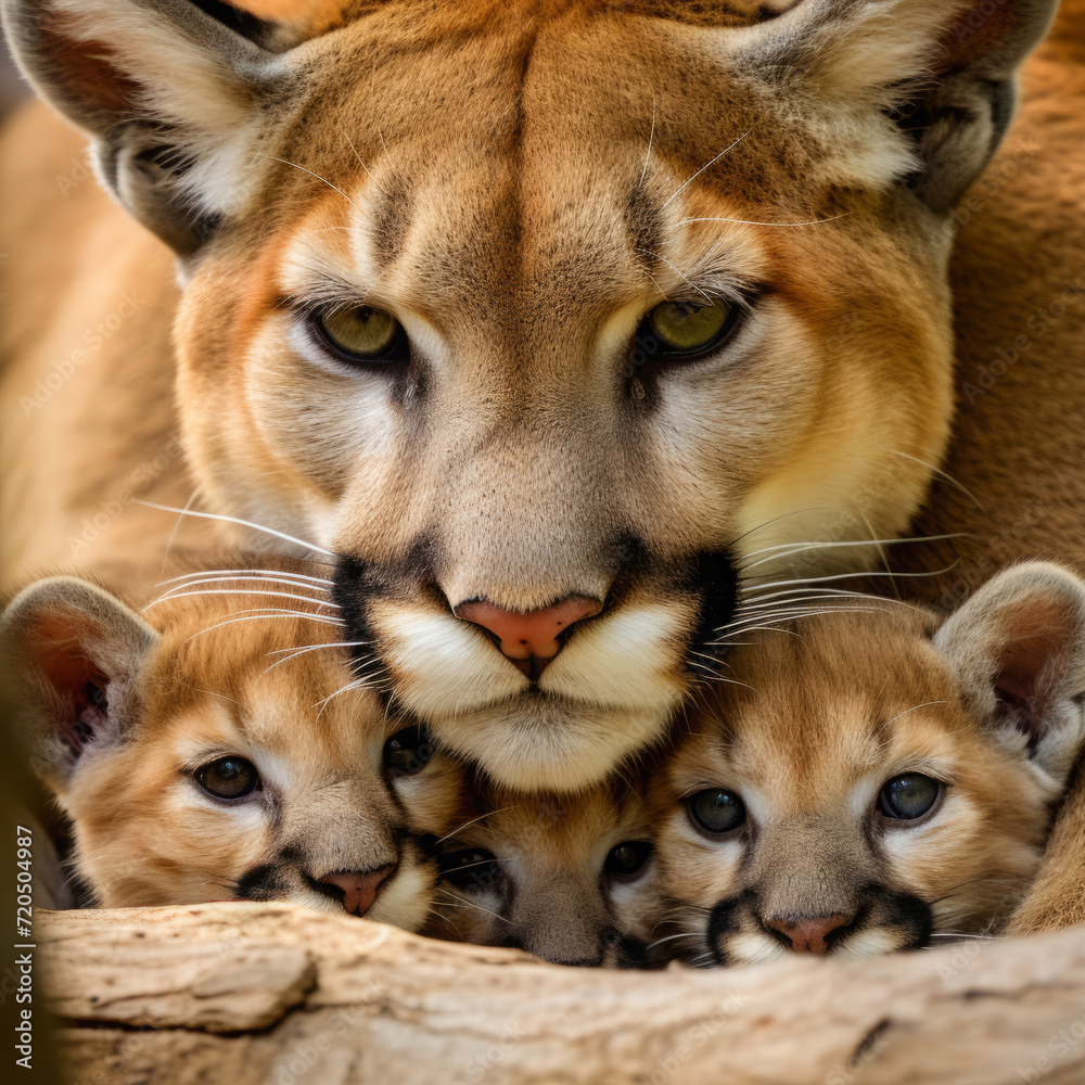 Obraz premium mother female cougar with her young ones, litter of kittens. little cougar cubs, cuddles together. family, motherhood in animals. wildlife.