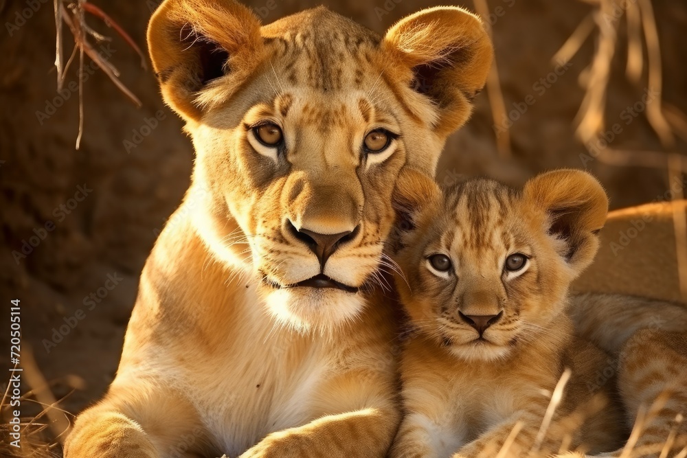 Obraz premium mother lioness with her young ones, little lion cubs, cuddles together. family, motherhood in animals. wildlife.