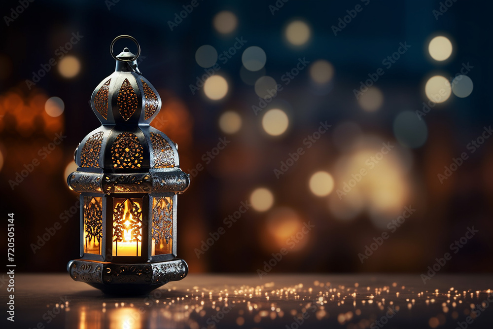 ramadan lantern with crescent moon on night sky background Stock ...