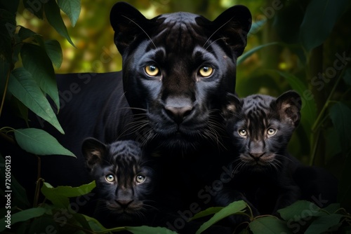 mother panther with her young ones. litter of black kittens. female and little panther cub cuddles together. family, motherhood in animals. wildlife. © MaskaRad
