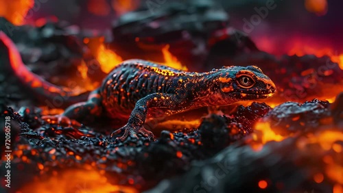 The fiery salamander perches atop a pile of molten rocks, its mesmerizing eyes watching as the lava flows and ebbs around it in a neverending cycle. Fantasy animation photo
