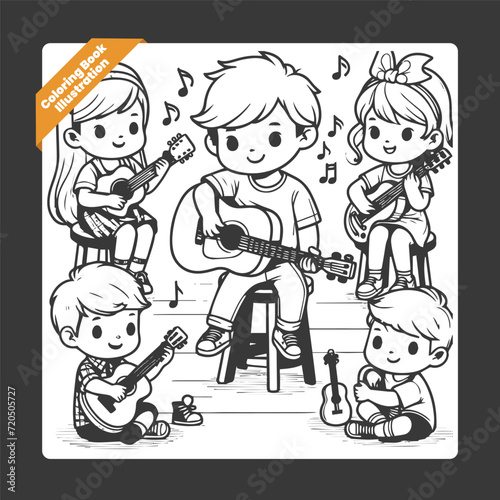 Vector cute coloring book illustration of kids playing guitar