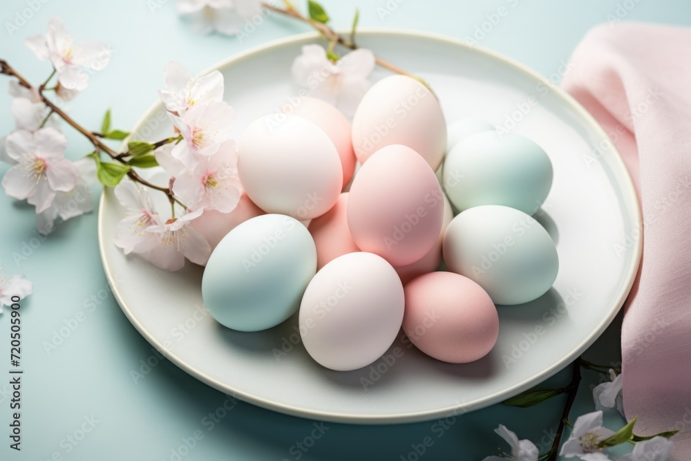 colorful pastel painted easter eggs on plate and flowers. festive serving.