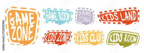 Game room party labels, children education and entertainment club elements. Baby playing zone vector illustration set. Kids entertainment badges. Playroom area, child and kids zone for game