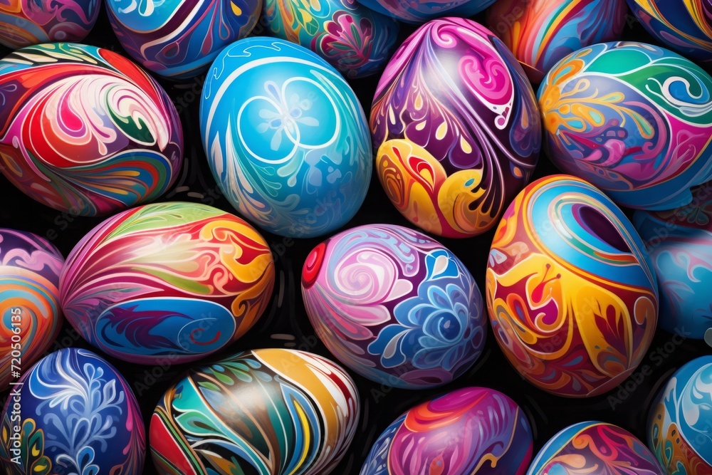 Obraz premium Easter background, colorful chicken eggs. vibrant swirling color. top view, close-up. illustration.