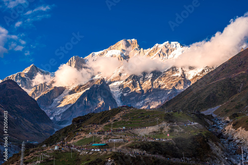 View of Kedarnath mountain from Kedarnath Temple hiking trail  dedicated to Lord Shiva located at 3584m in Uttarakhand and it is a part of Char Dhams  Panch Kedar and 12 Jyotirlingas.