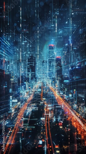 A visionary depiction of a digital city seamlessly integrated with high-speed information and power grids.
