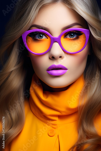  a woman with orange eyes wearing glasses © sugastocks