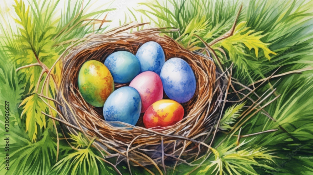 painted chicken eggs for Easter in the nest. colorful illustration. painted chicken eggs for Easter in the nest. colorful illustration.