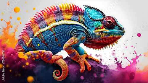 Colorful chameleon on a splash of paint, a novel creativity concept Generated by AI.