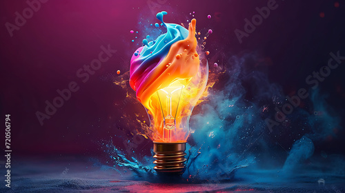 Colorful creative inspiration concept with colorful lightbulb made from liquid paint on dark background. 
