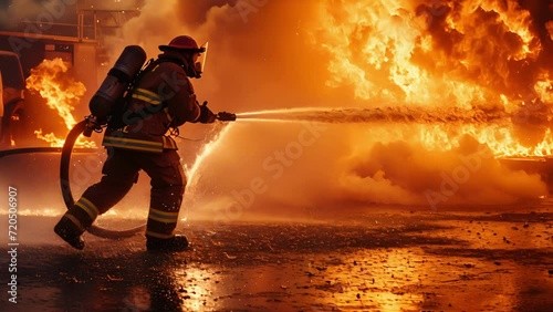 An action shot of a firefighter battling a blaze, captured midspray from the fire hose. photo