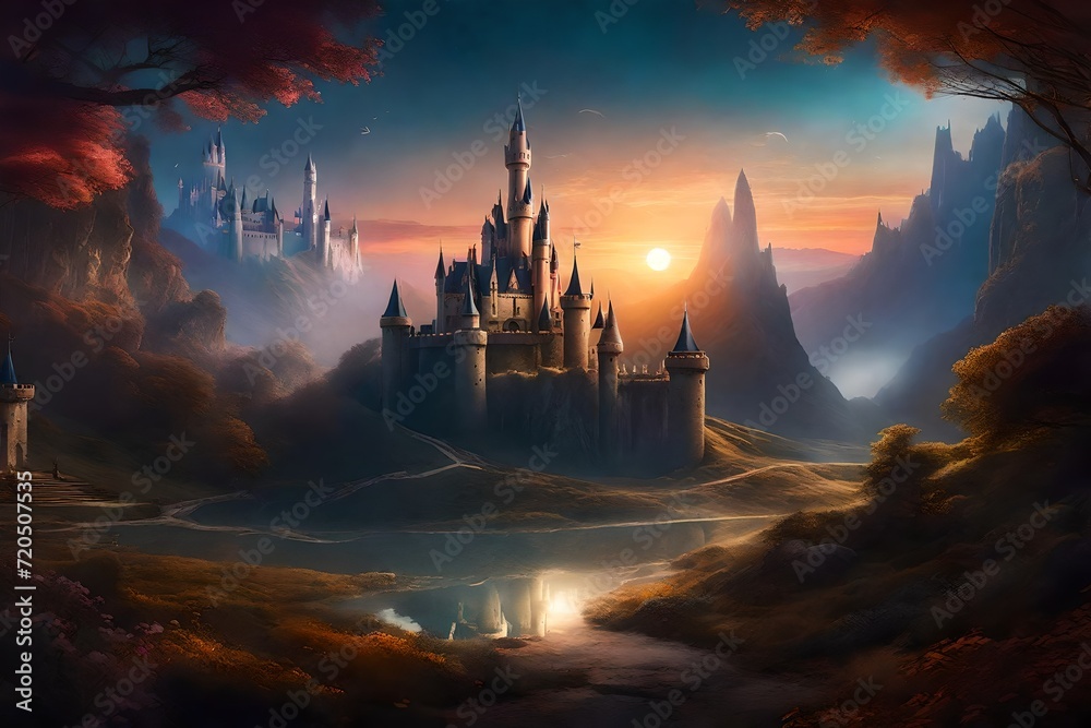 Naklejka premium Craft an enchanting AI-generated scene of showcasing the beauty of Fantasy Art, depicting a captivating Fantasy World with an elegant Castle.