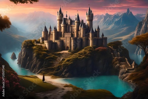 Craft an enchanting AI-generated scene of showcasing the beauty of Fantasy Art, depicting a captivating Fantasy World with an elegant Castle.
