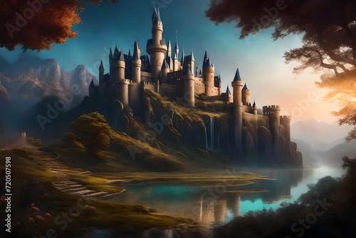 Craft an enchanting AI-generated scene of showcasing the beauty of Fantasy Art, depicting a captivating Fantasy World with an elegant Castle.