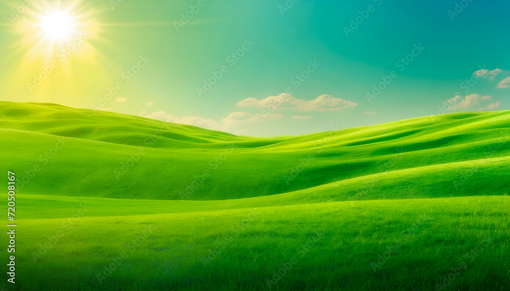 Beautiful panoramic natural landscape of a green field with grass against a blue sky with sun. Background of a summer