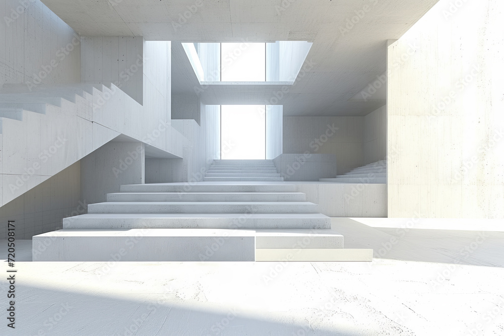 Fototapeta premium Abstract white and concrete interior multilevel public space with window. 