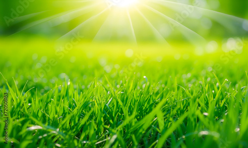 background of green grass and blurred foliage with strong sunlight, Green grass and sunlight banner background