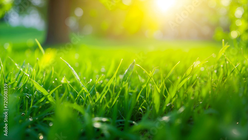 Green grass and sunlight background, Natural background with young juicy green grass in sunlight with beautiful bokeh