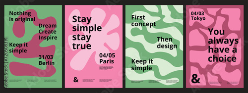 A set of simple trending posters with wavy forms and ripple stripes. Templates of flyers in the style of Swiss design for an event, exhibition, concert.
