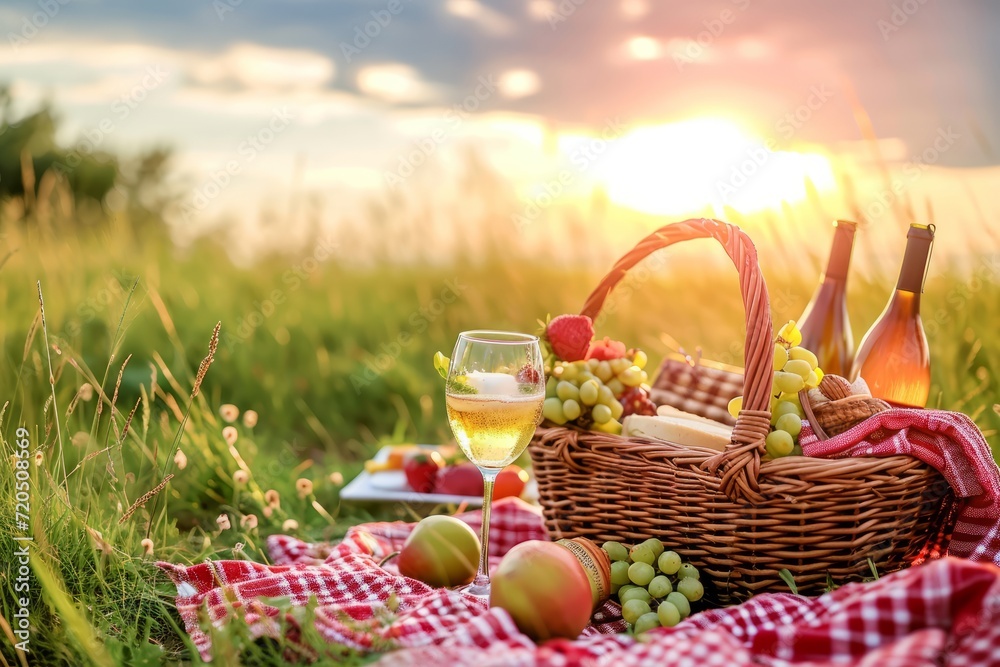 Wicker basket with fruits, cheese, food and drinks on a light blanket on a green lawn park in the sun. Concept of summer vacation with family in nature