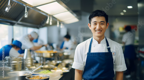  a young handsome asian Chef with blue uniform