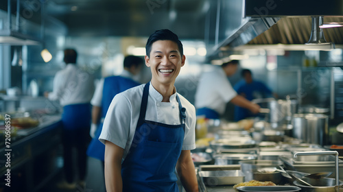  a young handsome asian Chef with blue uniform photo