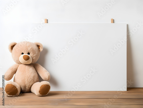 Fluffy brown teddy bear with  a blank sign with space for copy,Generative Ai